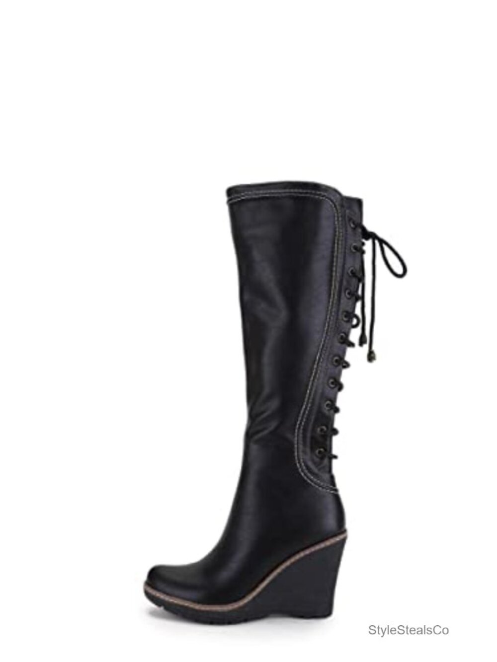 Faux Leather Knee-High Wedge Boots with Lace-Up Back and Stitching